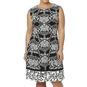 NWT Sandra Darren Black & Ivory Damask Border Scroll Print Sleeveless Dress 24W
